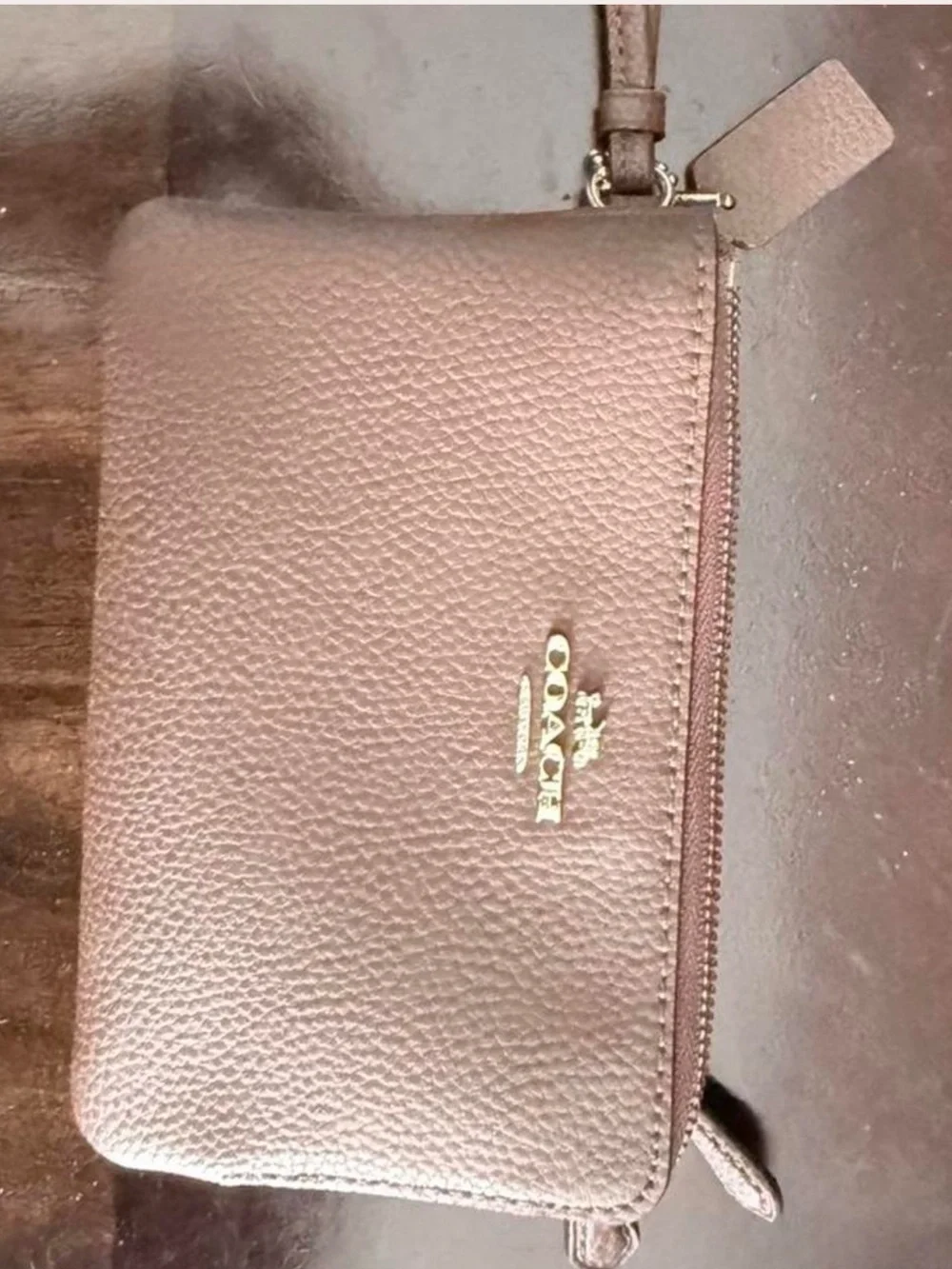 Coach Pebbled Leather Wristlet Clutch - Taupe Brown with Gold Logo